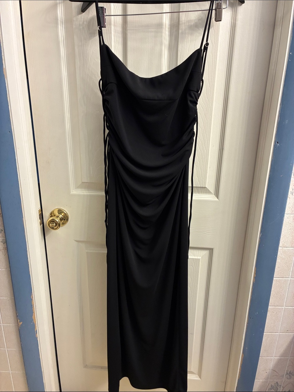Zara Black Ruched Maxi Slip Dress with Spaghetti Straps
